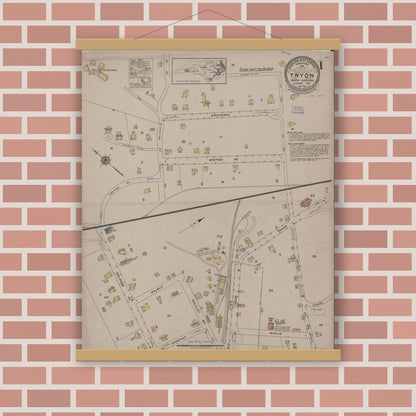 Old map wall art mockup — magnetic wood frame on brick wall — Sanborn Fire Insurance Map from Tryon, Polk County, North Carolina (1922) - Complete Map Set