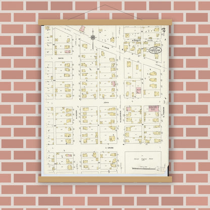 Old map wall art mockup — magnetic wood frame on brick wall — Sanborn Fire Insurance Map from Crestline, Crawford County, Ohio (1910), Sheet #0002