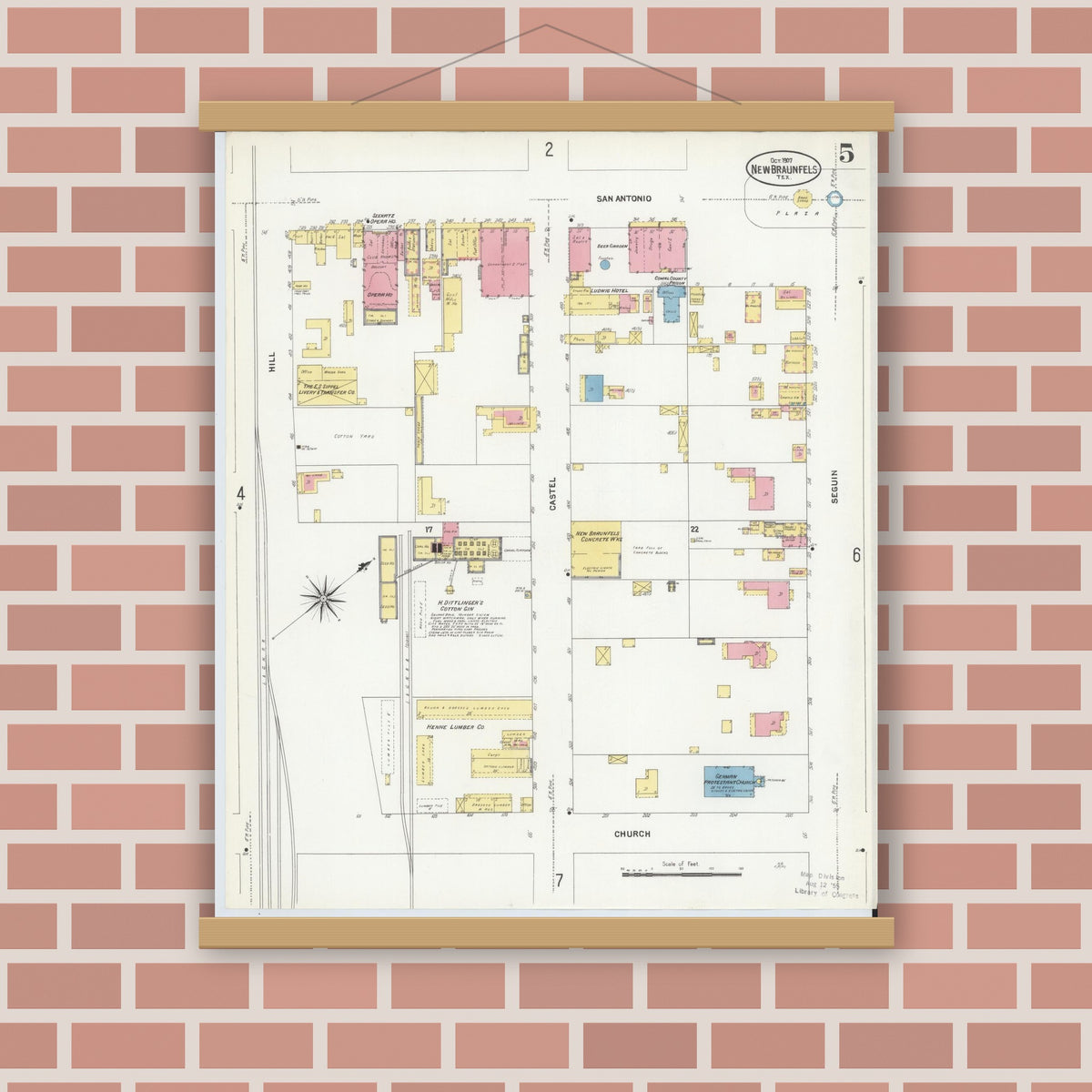 Old map wall art mockup — magnetic wood frame on brick wall — Sanborn Fire Insurance Map from New Braunfels, Comal County, Texas (1907), Sheet #0005