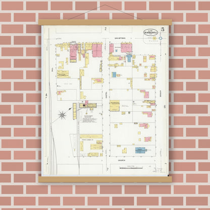 Old map wall art mockup — magnetic wood frame on brick wall — Sanborn Fire Insurance Map from New Braunfels, Comal County, Texas (1907), Sheet #0005