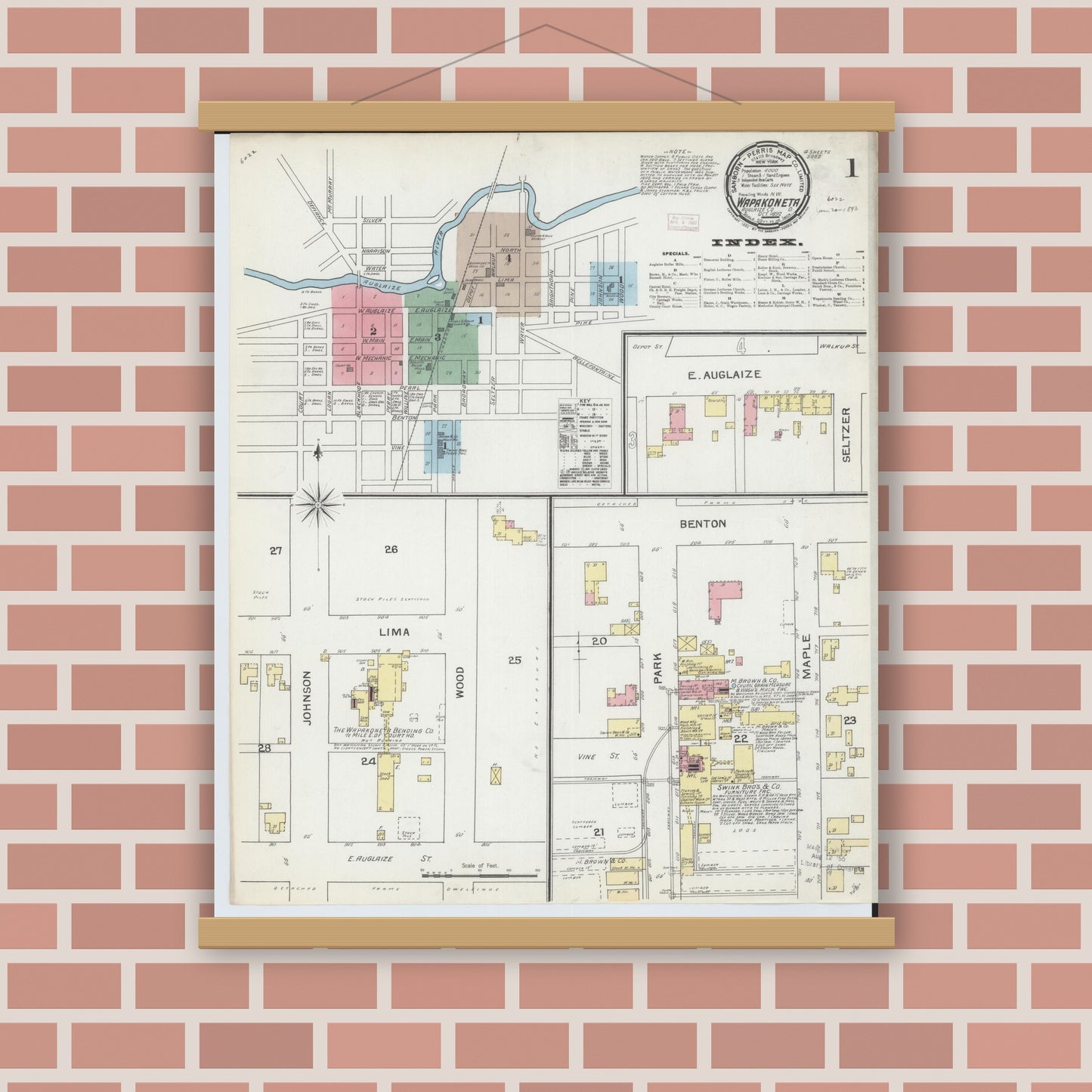 Old map wall art mockup — magnetic wood frame on brick wall — Sanborn Fire Insurance Map from Wapakoneta, Auglaize County, Ohio (1892), Sheet #0001