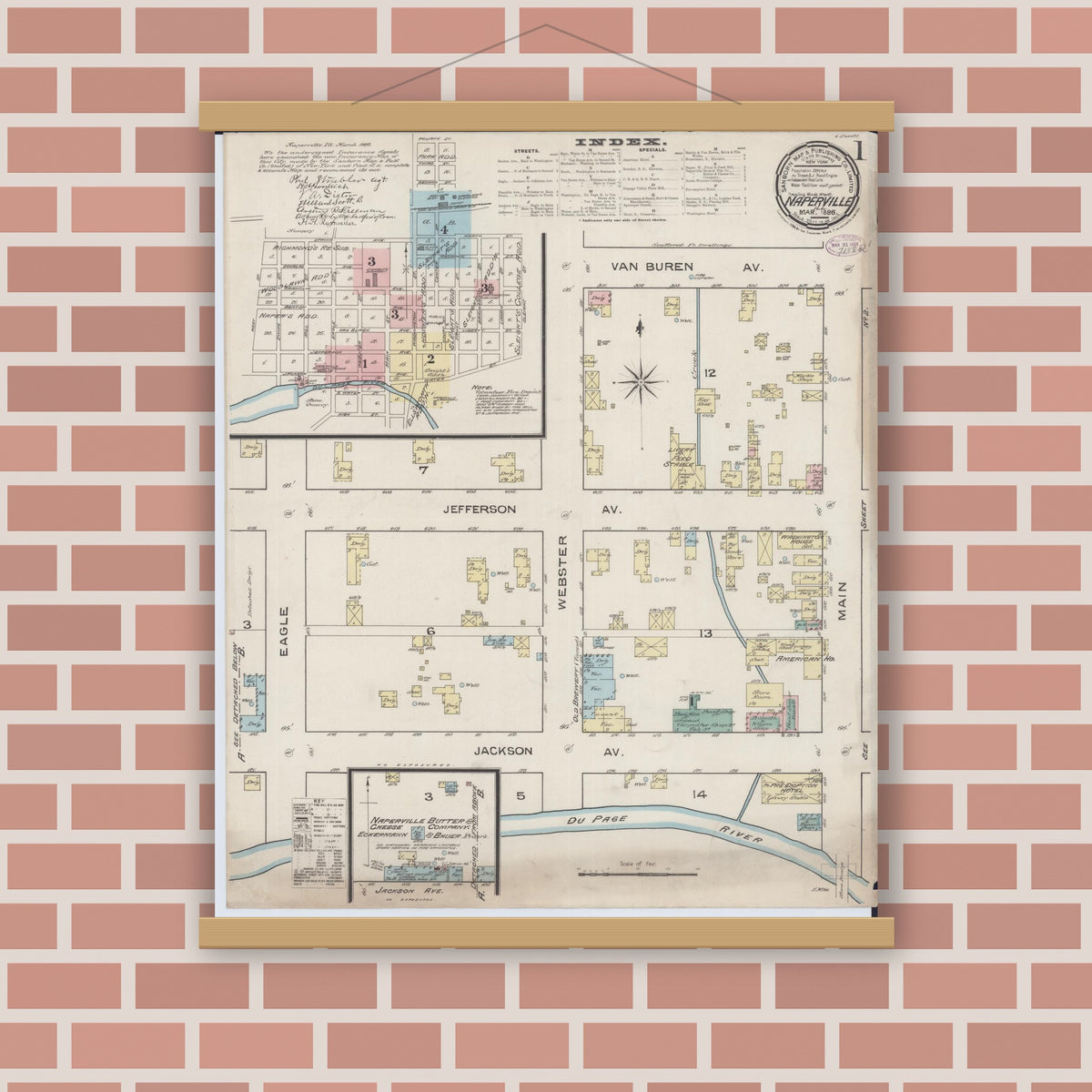 Old map wall art mockup — magnetic wood frame on brick wall — Sanborn Fire Insurance Map from Naperville, Du Page County, Illinois (1886), Sheet #0001