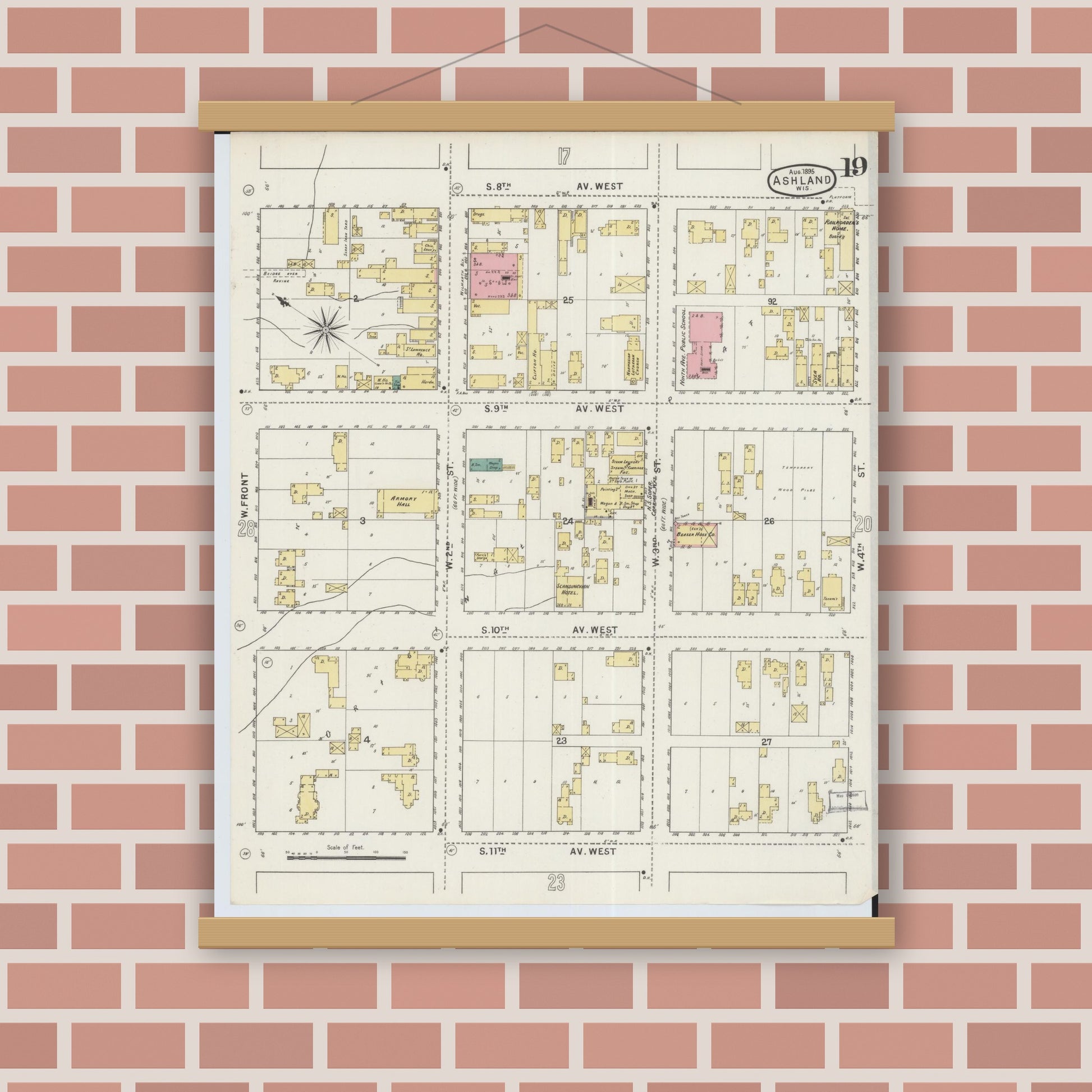 Old map wall art mockup — magnetic wood frame on brick wall — Sanborn Fire Insurance Map from Ashland, Ashland County, Wisconsin (1895), Sheet #0019