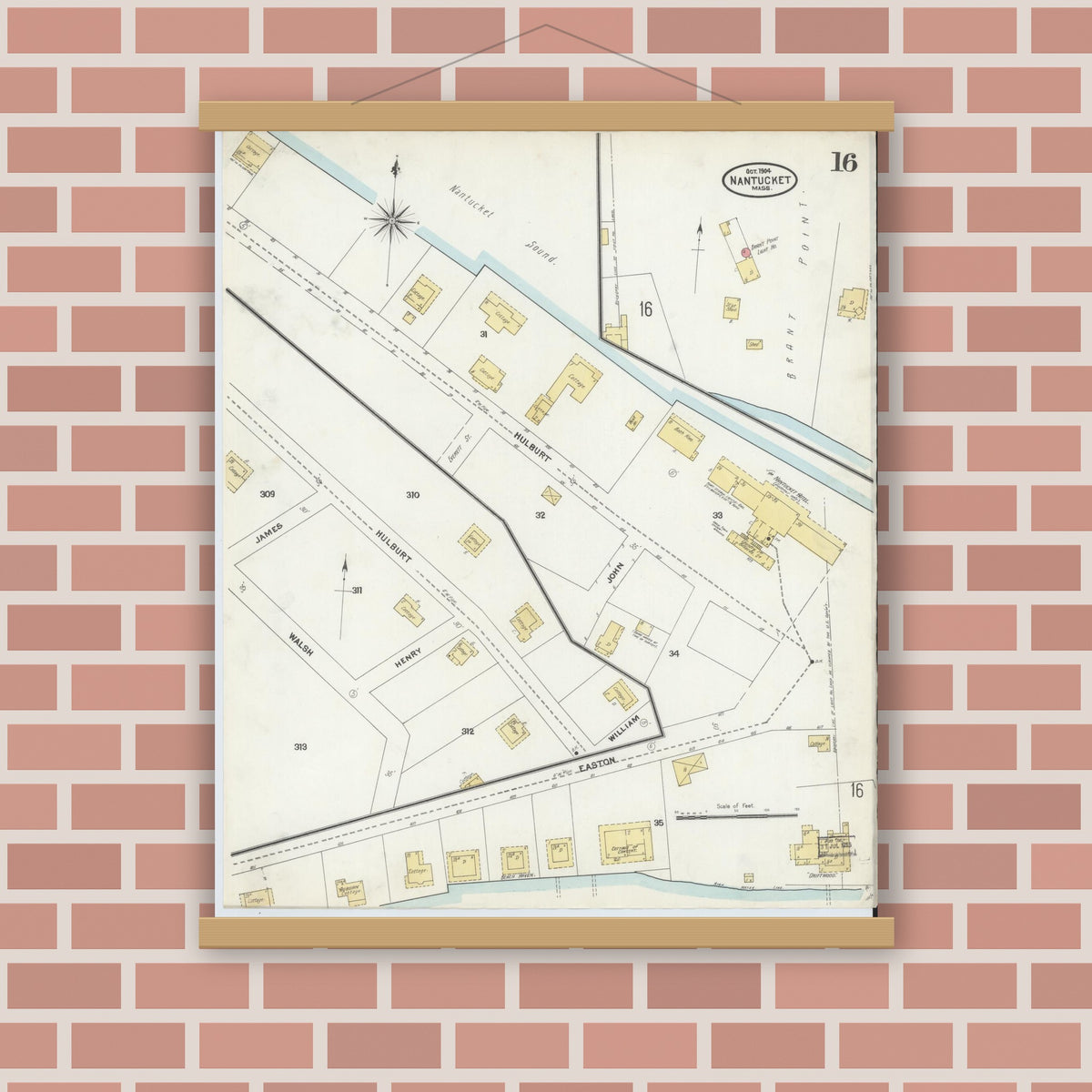 Old map wall art mockup — magnetic wood frame on brick wall — Sanborn Fire Insurance Map from Nantucket, Nantucket County, Massachusetts (1904), Sheet #0016