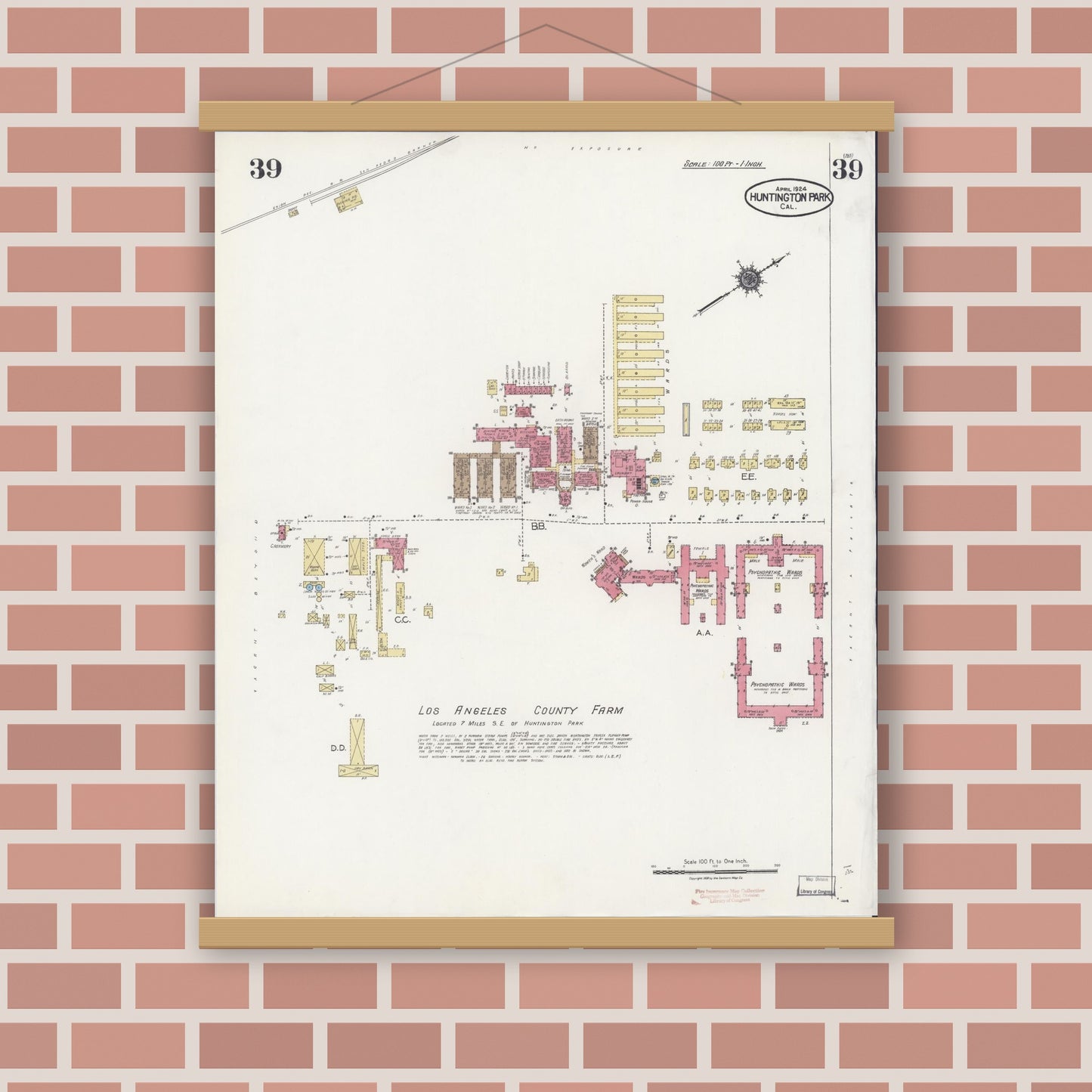 Old map wall art mockup — magnetic wood frame on brick wall — Sanborn Fire Insurance Map from Huntington Park, Los Angeles County, California (1924), Sheet #0039