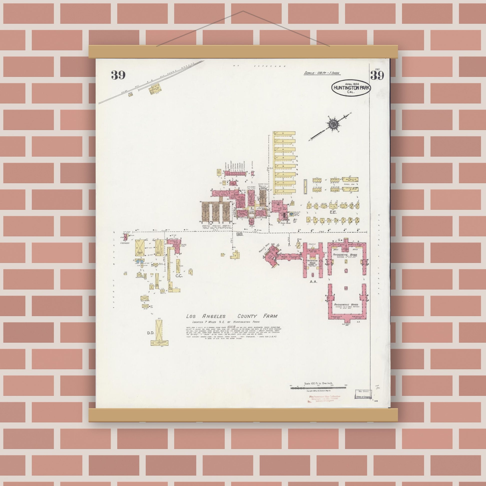 Old map wall art mockup — magnetic wood frame on brick wall — Sanborn Fire Insurance Map from Huntington Park, Los Angeles County, California (1924), Sheet #0039