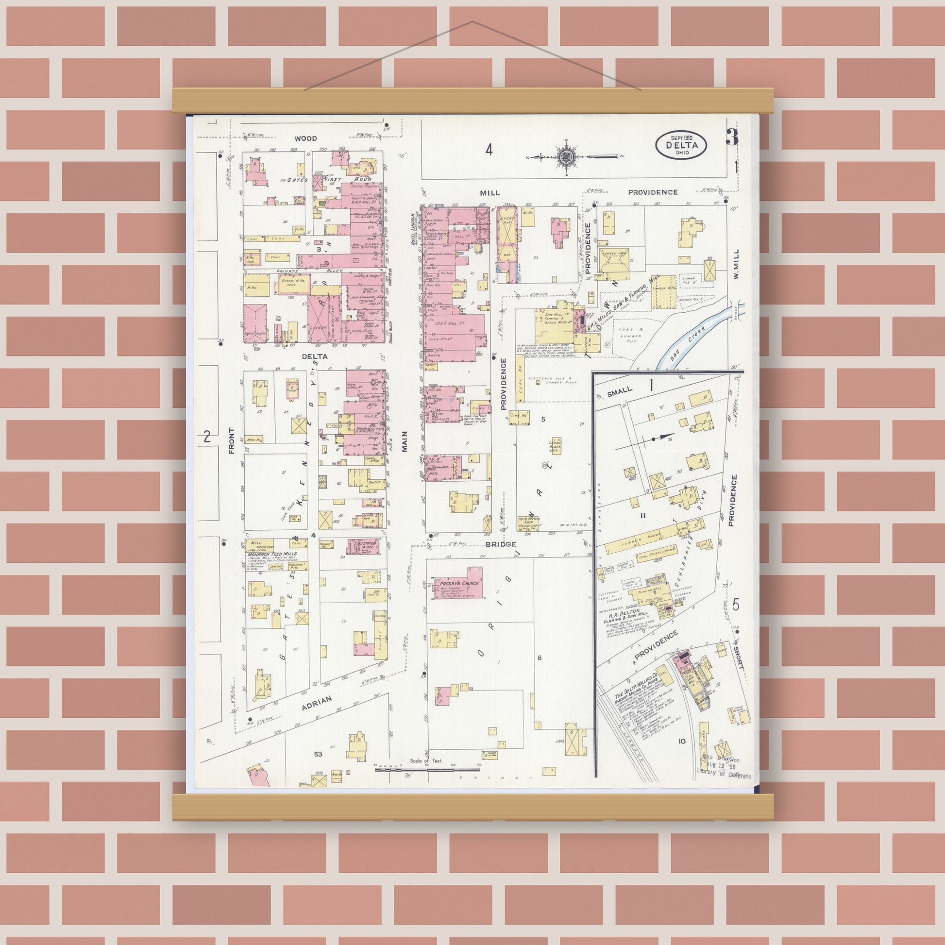Old map wall art mockup — magnetic wood frame on brick wall — Sanborn Fire Insurance Map from Delta, Fulton County, Ohio (1910), Sheet #0003