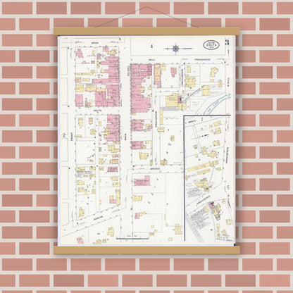 Old map wall art mockup — magnetic wood frame on brick wall — Sanborn Fire Insurance Map from Delta, Fulton County, Ohio (1910), Sheet #0003