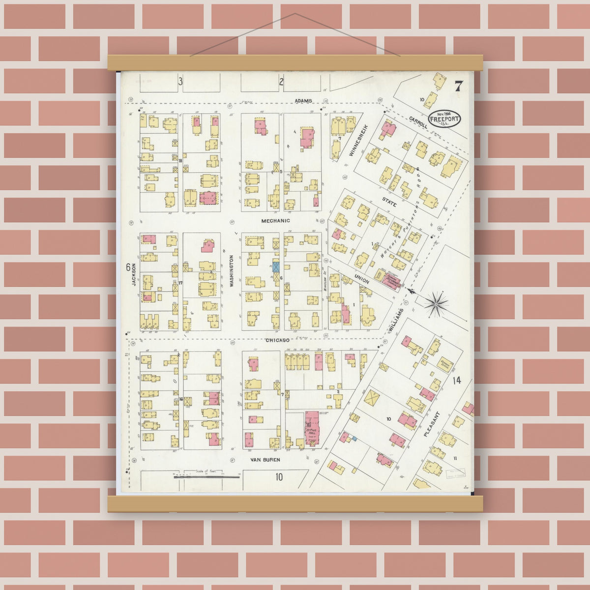 Old map wall art mockup — magnetic wood frame on brick wall — Sanborn Fire Insurance Map from Freeport, Stephenson County, Illinois (1904), Sheet #0007