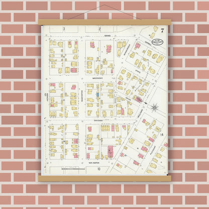 Old map wall art mockup — magnetic wood frame on brick wall — Sanborn Fire Insurance Map from Freeport, Stephenson County, Illinois (1904), Sheet #0007