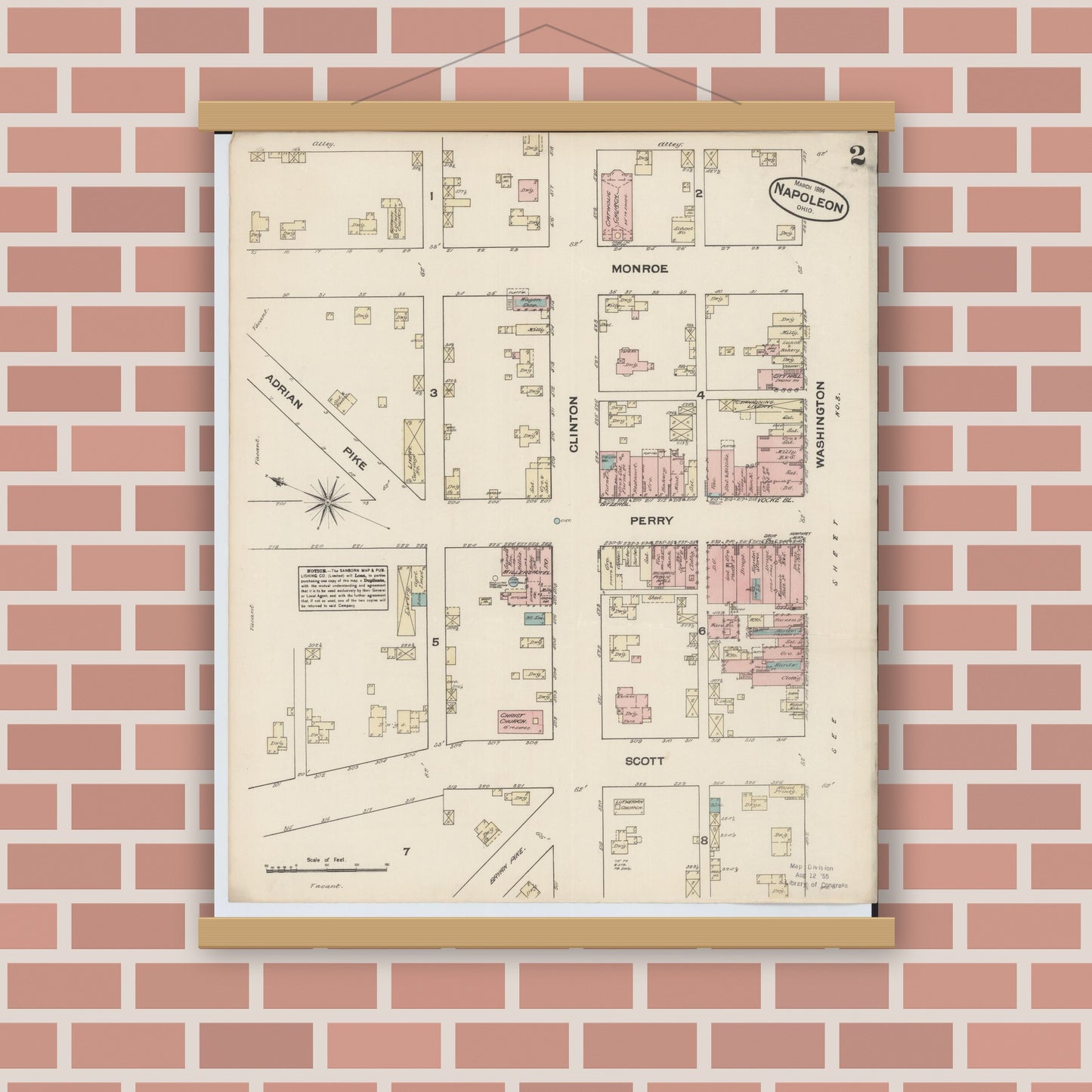 Old map wall art mockup — magnetic wood frame on brick wall — Sanborn Fire Insurance Map from Napoleon, Henry County, Ohio (1884), Sheet #0002