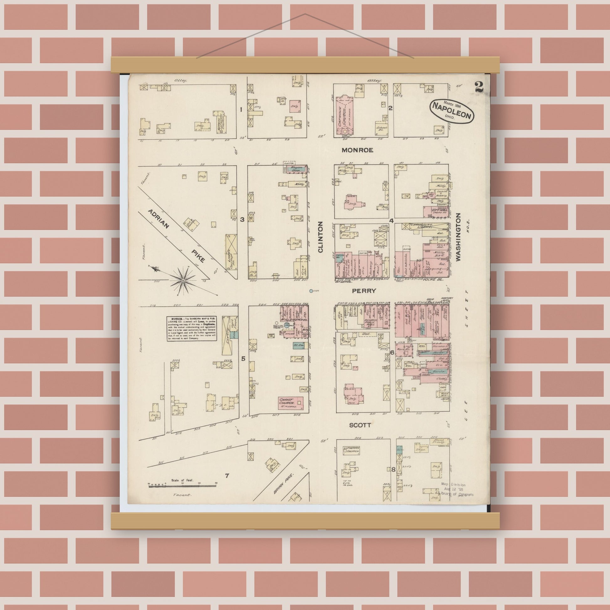 Old map wall art mockup — magnetic wood frame on brick wall — Sanborn Fire Insurance Map from Napoleon, Henry County, Ohio (1884), Sheet #0002