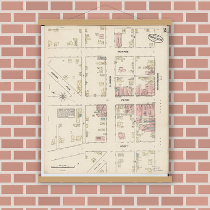 Old map wall art mockup — magnetic wood frame on brick wall — Sanborn Fire Insurance Map from Napoleon, Henry County, Ohio (1884), Sheet #0002