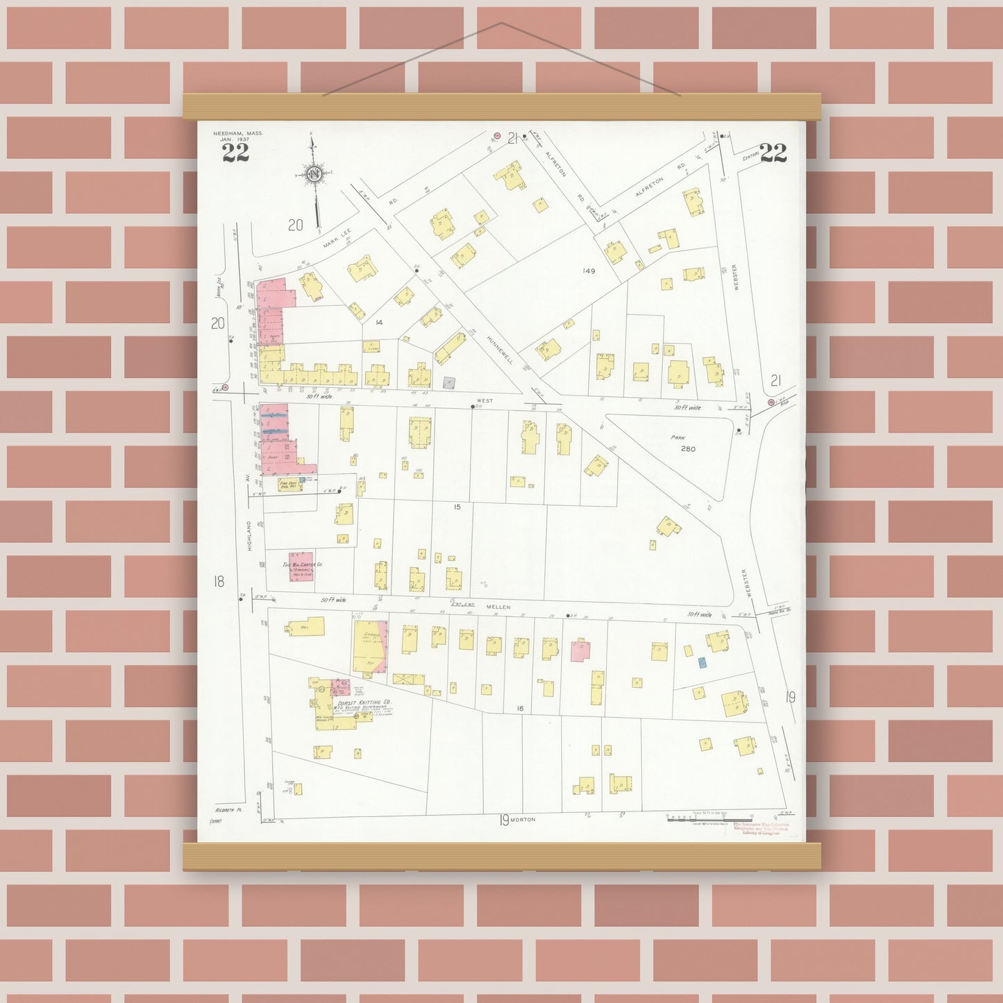 Old map wall art mockup — magnetic wood frame on brick wall — Sanborn Fire Insurance Map from Needham, Norfolk County, Massachusetts (1937), Sheet #0022