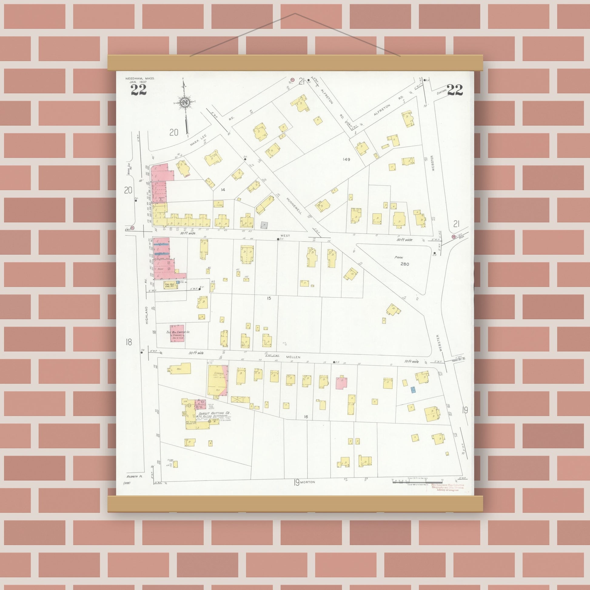 Old map wall art mockup — magnetic wood frame on brick wall — Sanborn Fire Insurance Map from Needham, Norfolk County, Massachusetts (1937), Sheet #0022