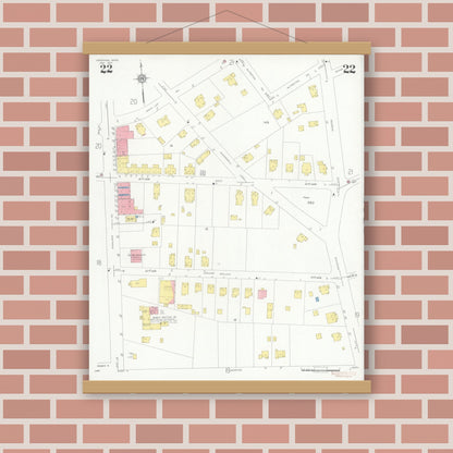 Old map wall art mockup — magnetic wood frame on brick wall — Sanborn Fire Insurance Map from Needham, Norfolk County, Massachusetts (1937), Sheet #0022