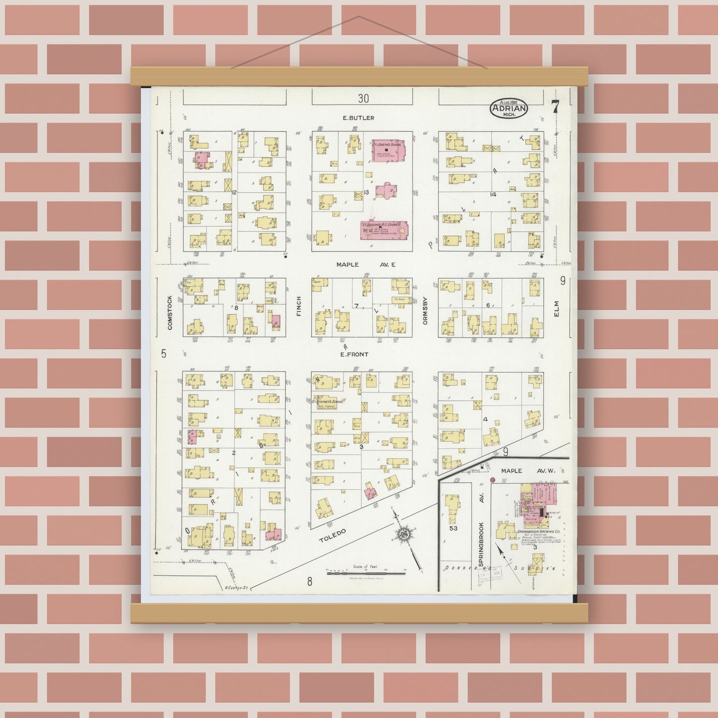 Old map wall art mockup — magnetic wood frame on brick wall — Sanborn Fire Insurance Map from Adrian, Lenawee County, Michigan (1916), Sheet #0007