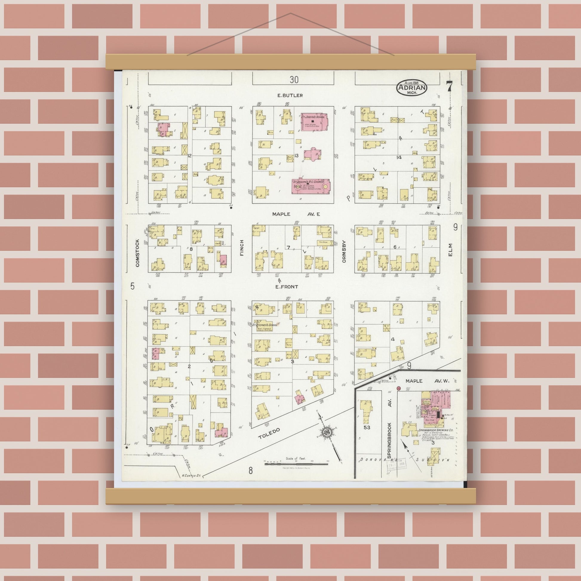 Old map wall art mockup — magnetic wood frame on brick wall — Sanborn Fire Insurance Map from Adrian, Lenawee County, Michigan (1916), Sheet #0007