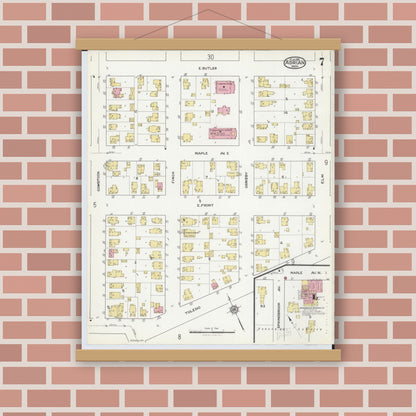 Old map wall art mockup — magnetic wood frame on brick wall — Sanborn Fire Insurance Map from Adrian, Lenawee County, Michigan (1916), Sheet #0007