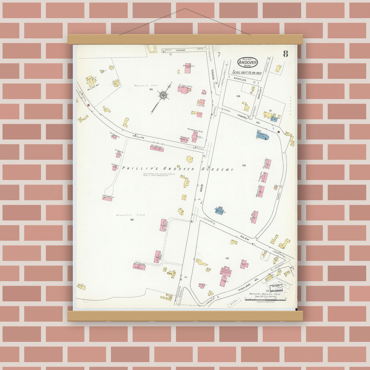Old map wall art mockup — magnetic wood frame on brick wall — Sanborn Fire Insurance Map from Andover, Essex County, Massachusetts (1917), Sheet #0008