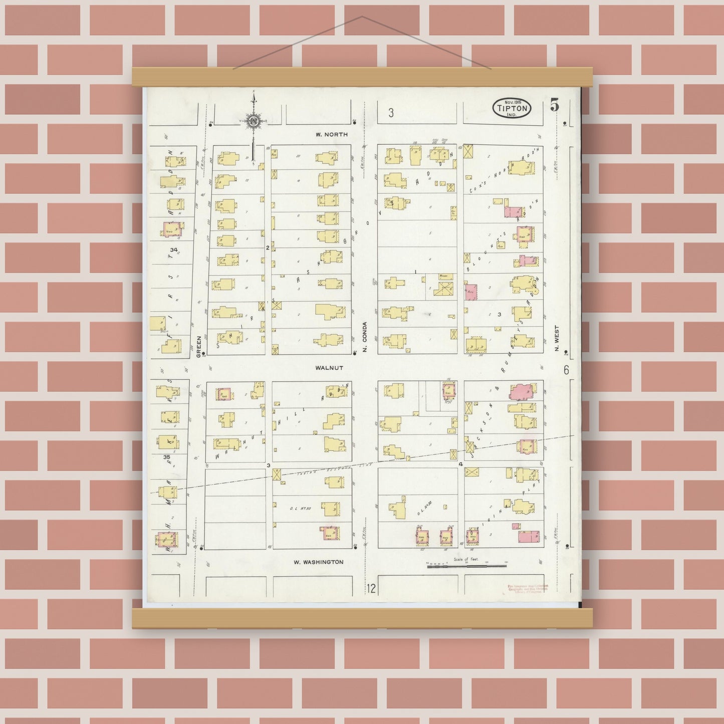 Old map wall art mockup — magnetic wood frame on brick wall — Sanborn Fire Insurance Map from Tipton, Tipton County, Indiana (1915), Sheet #0005