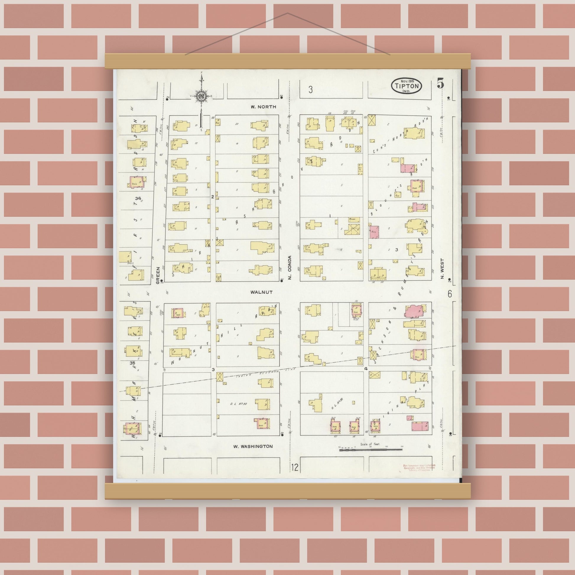 Old map wall art mockup — magnetic wood frame on brick wall — Sanborn Fire Insurance Map from Tipton, Tipton County, Indiana (1915), Sheet #0005