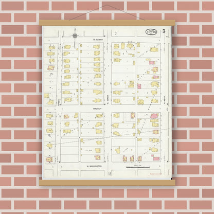 Old map wall art mockup — magnetic wood frame on brick wall — Sanborn Fire Insurance Map from Tipton, Tipton County, Indiana (1915), Sheet #0005