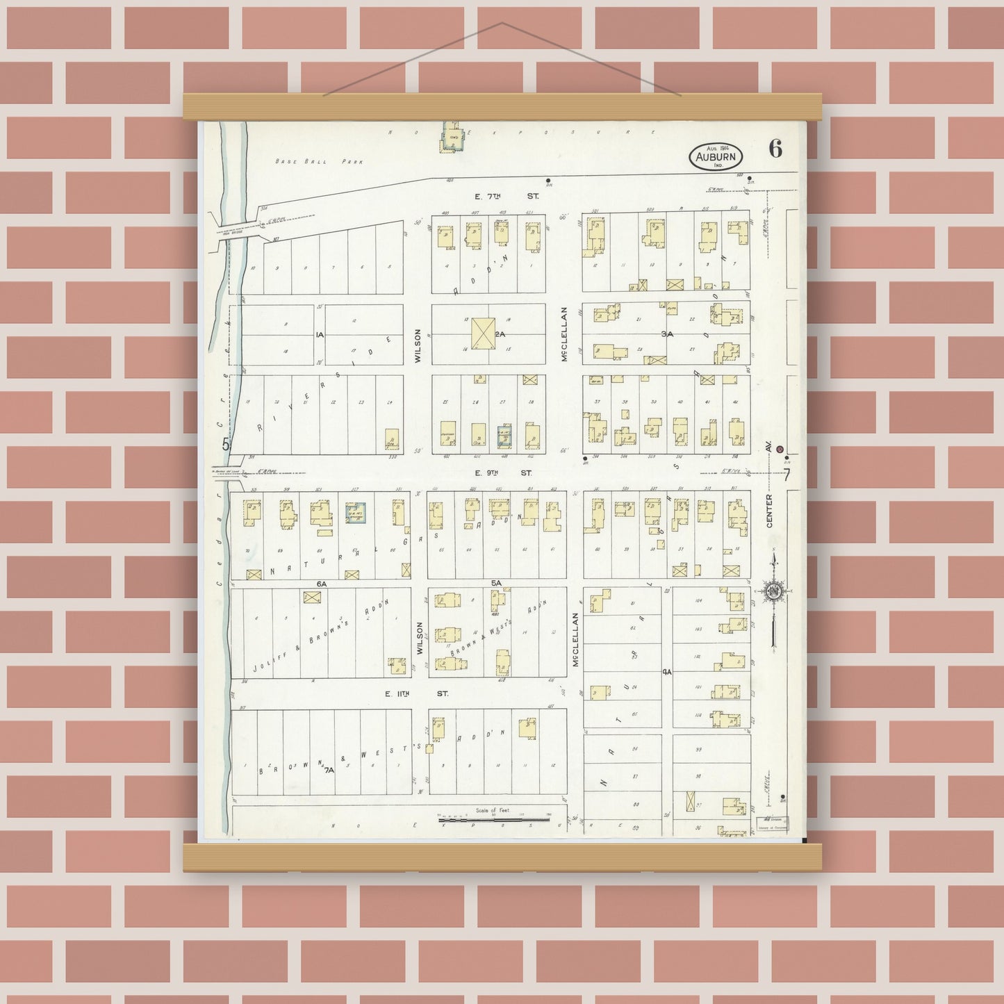 Old map wall art mockup — magnetic wood frame on brick wall — Sanborn Fire Insurance Map from Auburn, De Kalb County, Indiana (1914), Sheet #0006