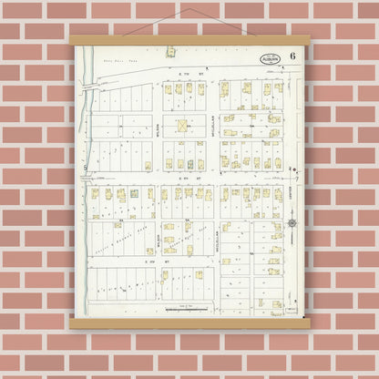 Old map wall art mockup — magnetic wood frame on brick wall — Sanborn Fire Insurance Map from Auburn, De Kalb County, Indiana (1914), Sheet #0006