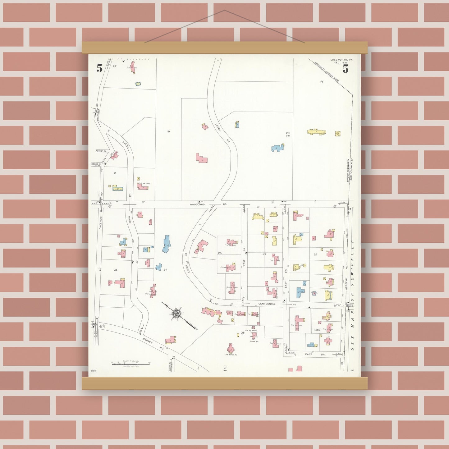 Old map wall art mockup — magnetic wood frame on brick wall — Sanborn Fire Insurance Map from Edgeworth, Allegheny County, Pennsylvania (1938), Sheet #0005