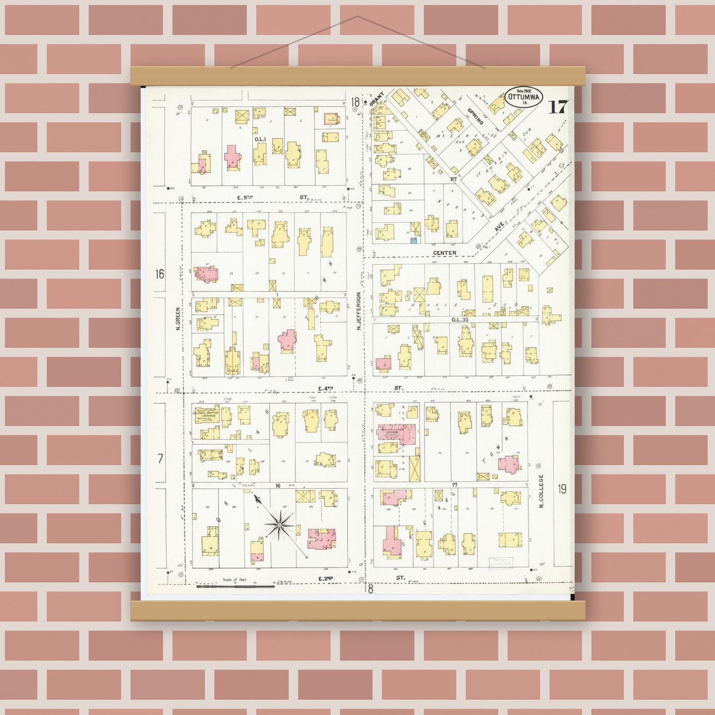 Old map wall art mockup — magnetic wood frame on brick wall — Sanborn Fire Insurance Map from Ottumwa, Wapello County, Iowa (1902), Sheet #0017