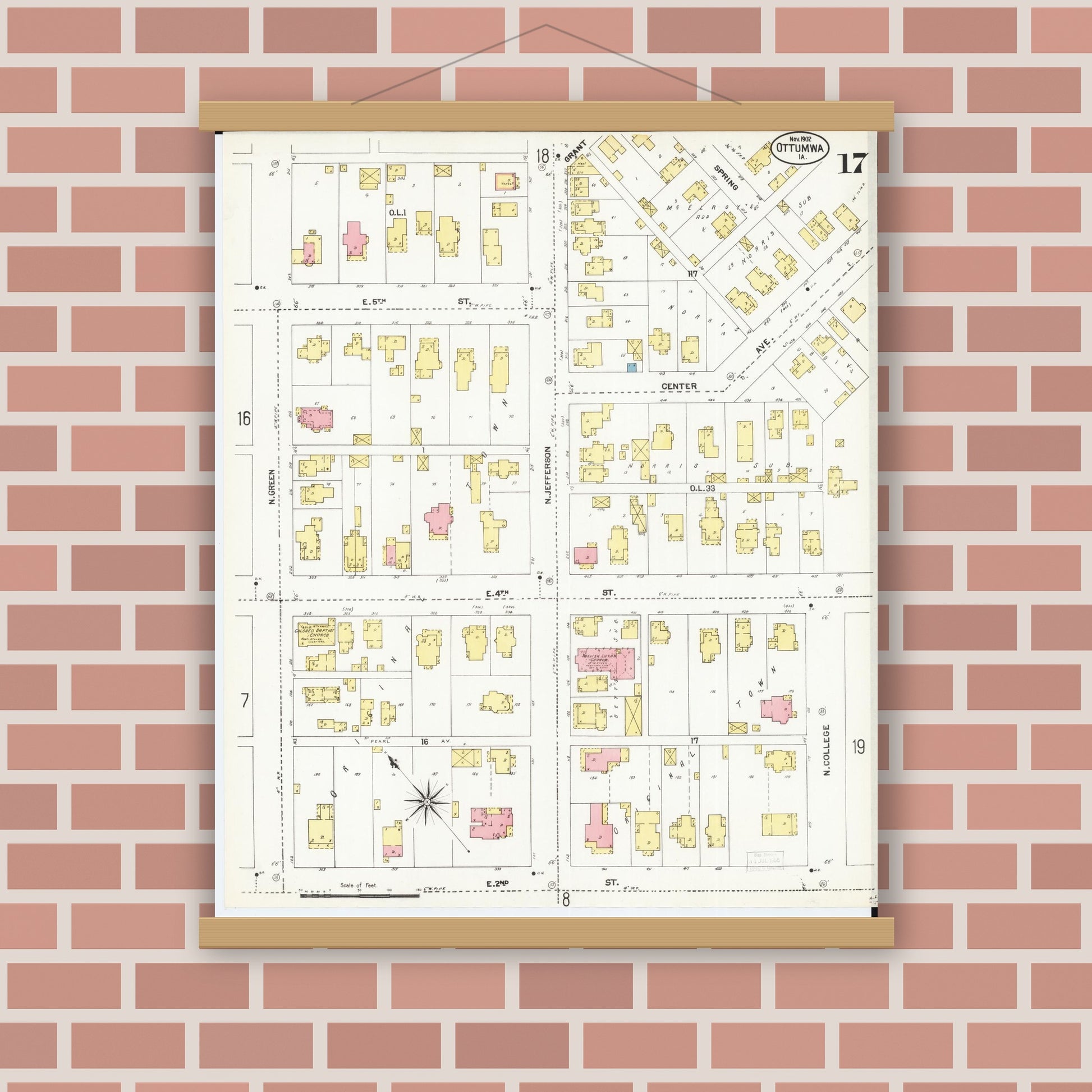 Old map wall art mockup — magnetic wood frame on brick wall — Sanborn Fire Insurance Map from Ottumwa, Wapello County, Iowa (1902), Sheet #0017