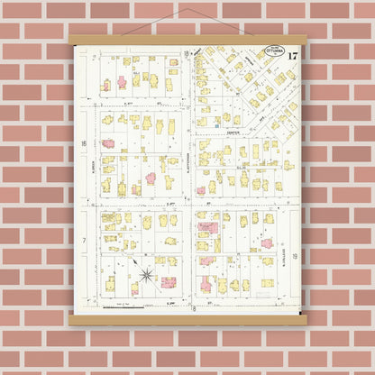 Old map wall art mockup — magnetic wood frame on brick wall — Sanborn Fire Insurance Map from Ottumwa, Wapello County, Iowa (1902), Sheet #0017