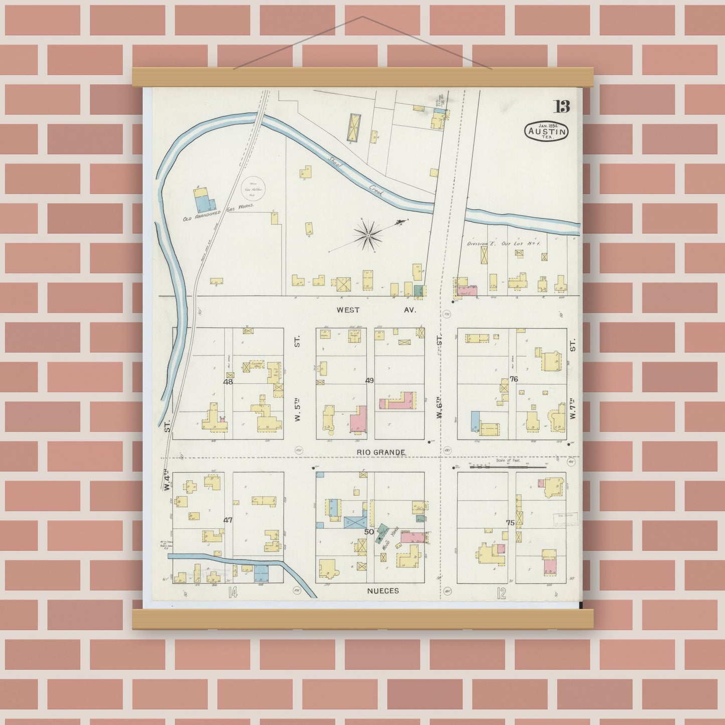 Old map wall art mockup — magnetic wood frame on brick wall — Sanborn Fire Insurance Map from Austin, Travis County, Texas (1894), Sheet #0013