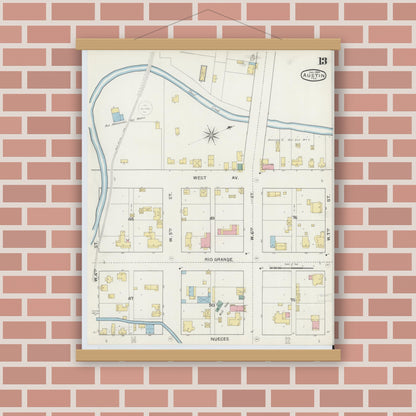 Old map wall art mockup — magnetic wood frame on brick wall — Sanborn Fire Insurance Map from Austin, Travis County, Texas (1894), Sheet #0013