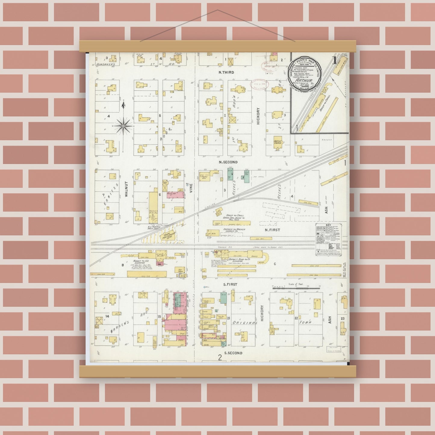 Old map wall art mockup — magnetic wood frame on brick wall — Sanborn Fire Insurance Map from Arthur, Moultrie And Douglas Counties, Illinois (1899), Sheet #0001