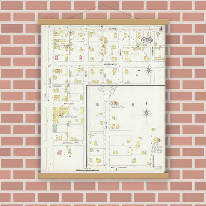 Old map wall art mockup — magnetic wood frame on brick wall — Sanborn Fire Insurance Map from Bremen, Marshall County, Indiana (1898), Sheet #0004