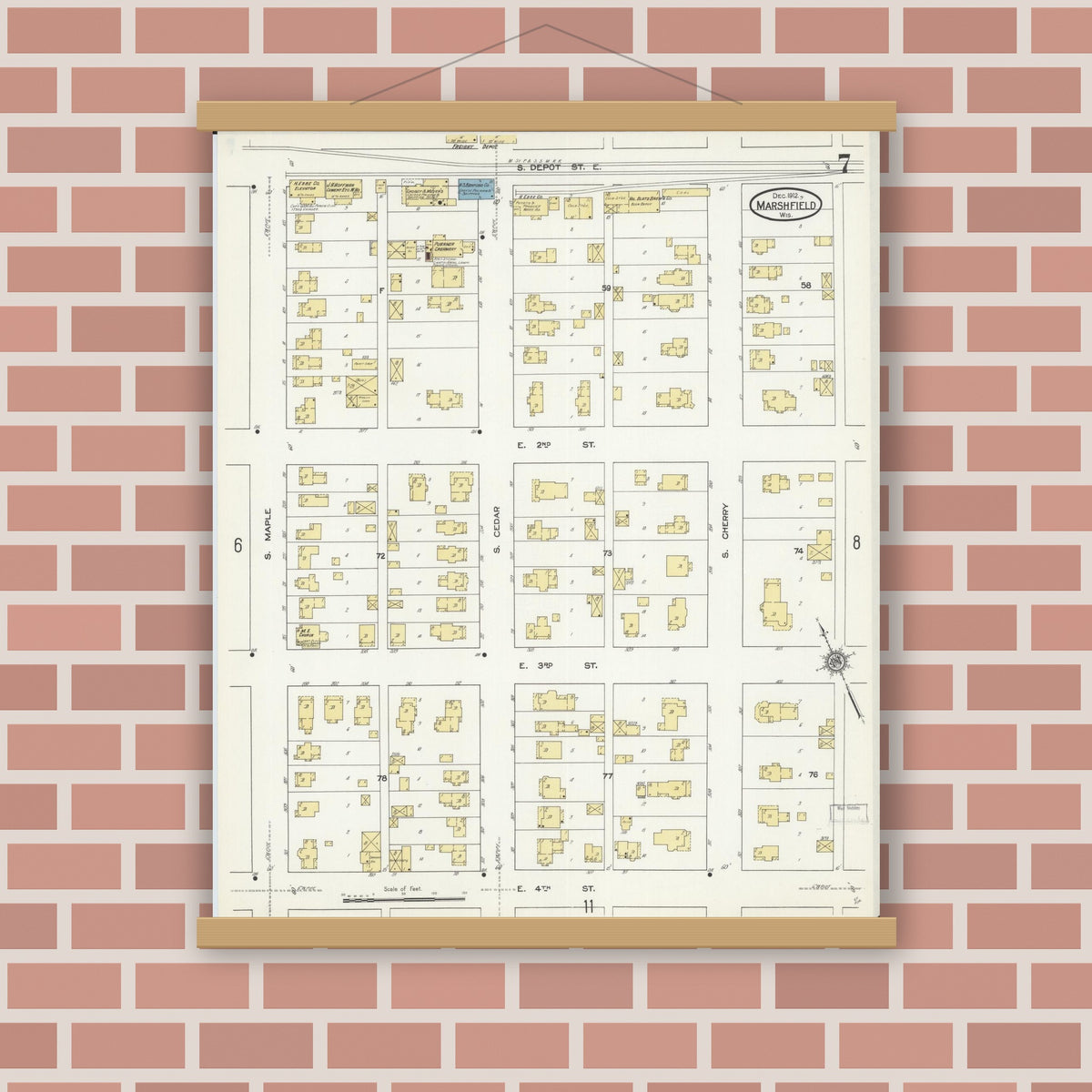 Old map wall art mockup — magnetic wood frame on brick wall — Sanborn Fire Insurance Map from Marshfield, Wood County, Wisconsin (1912), Sheet #0007