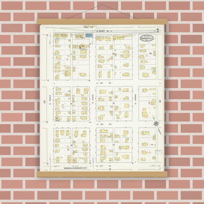 Old map wall art mockup — magnetic wood frame on brick wall — Sanborn Fire Insurance Map from Marshfield, Wood County, Wisconsin (1912), Sheet #0007