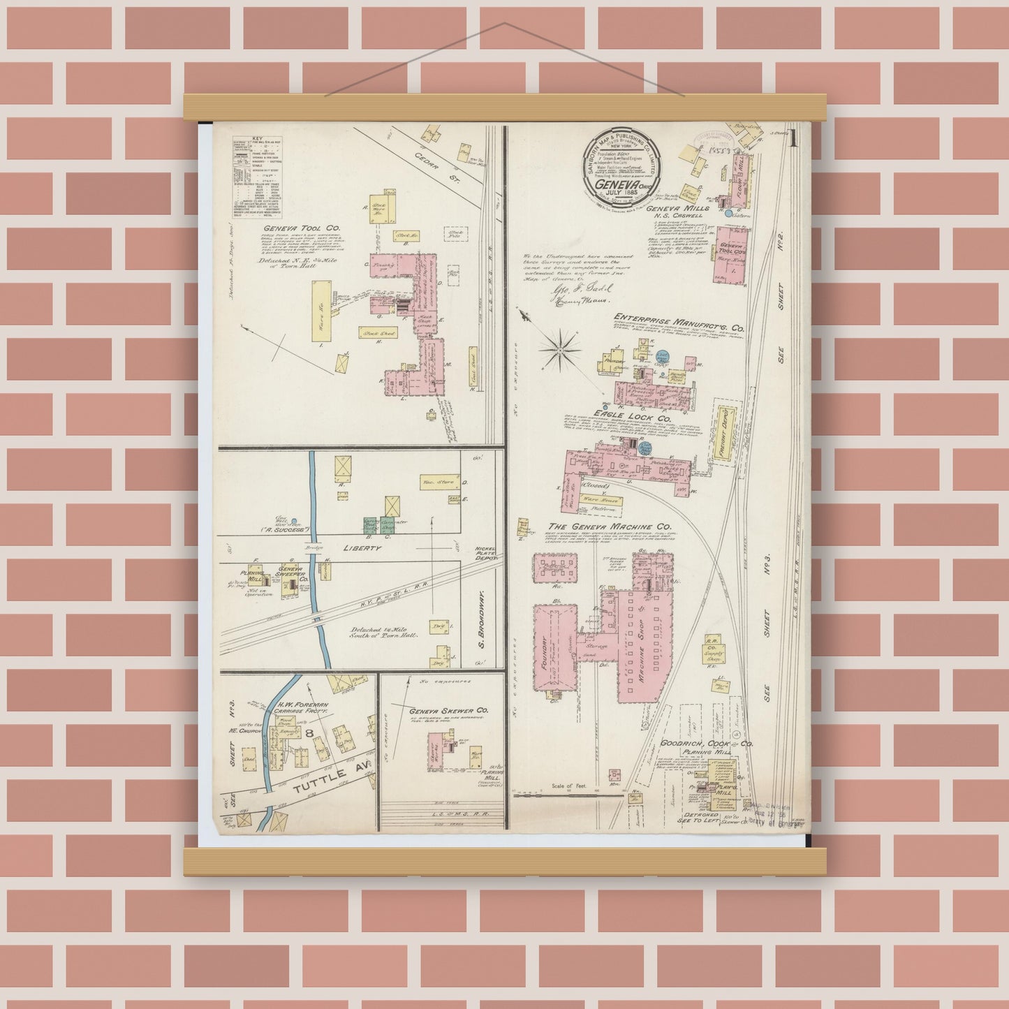 Old map wall art mockup — magnetic wood frame on brick wall — Sanborn Fire Insurance Map from Geneva, Ashtabula County, Ohio (1885) - Complete Map Set