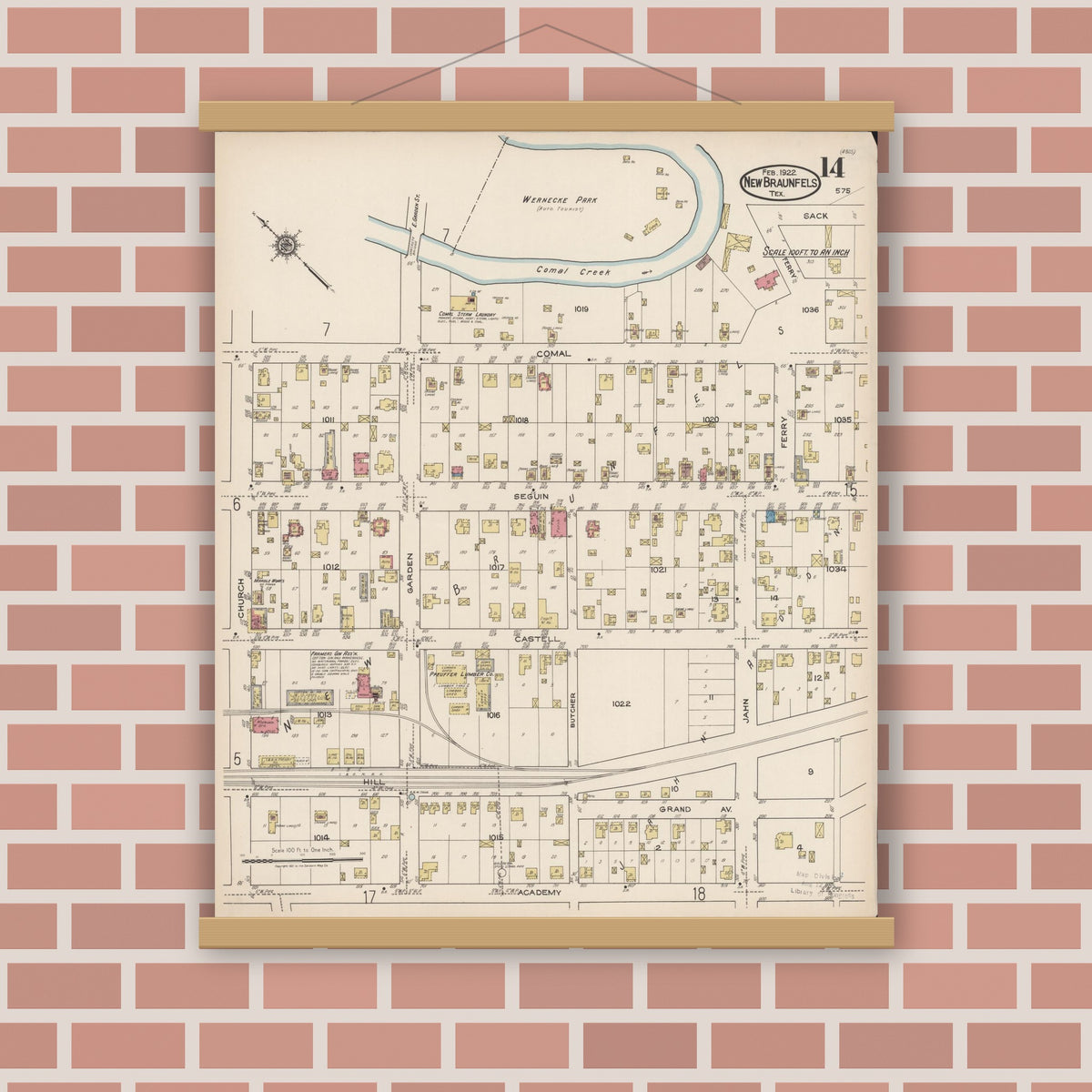 Old map wall art mockup — magnetic wood frame on brick wall — Sanborn Fire Insurance Map from New Braunfels, Comal County, Texas (1922), Sheet #0014