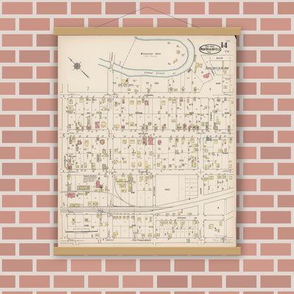 Old map wall art mockup — magnetic wood frame on brick wall — Sanborn Fire Insurance Map from New Braunfels, Comal County, Texas (1922), Sheet #0014