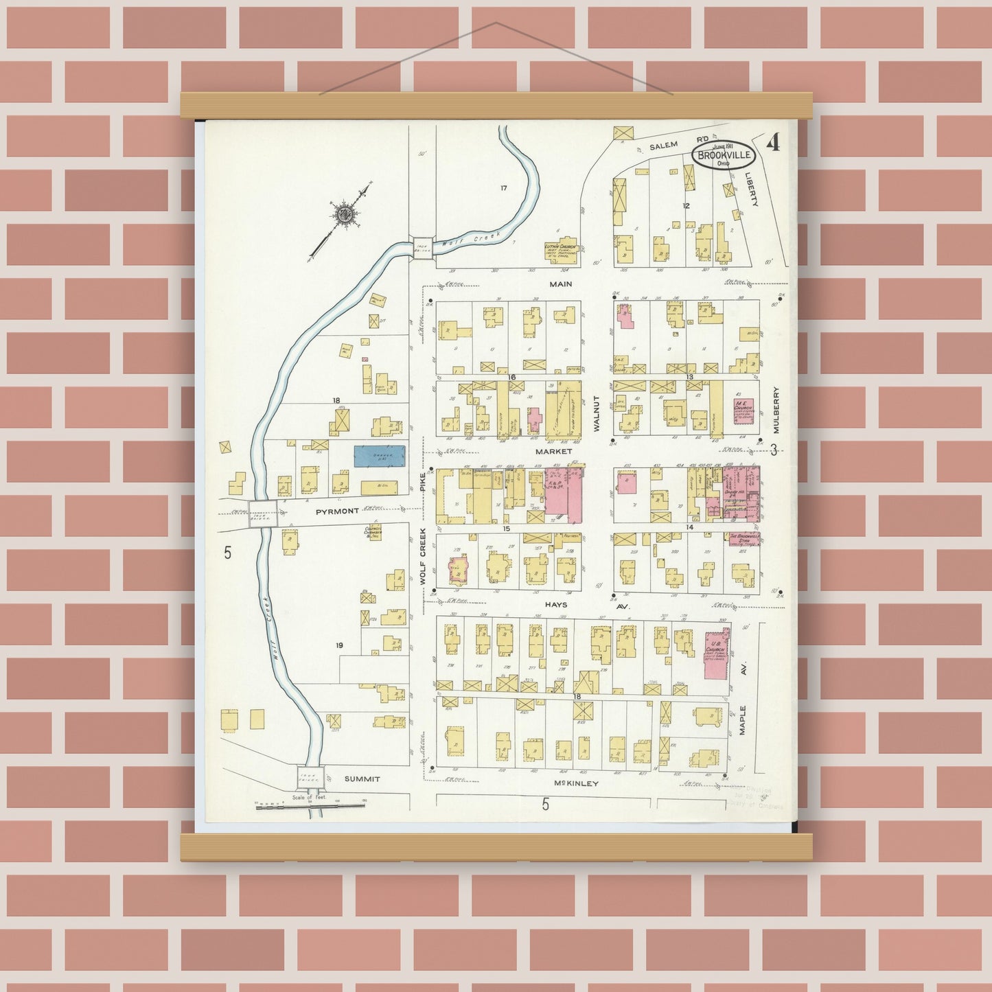 Old map wall art mockup — magnetic wood frame on brick wall — Sanborn Fire Insurance Map from Brookville, Montgomery County, Ohio (1911), Sheet #0004