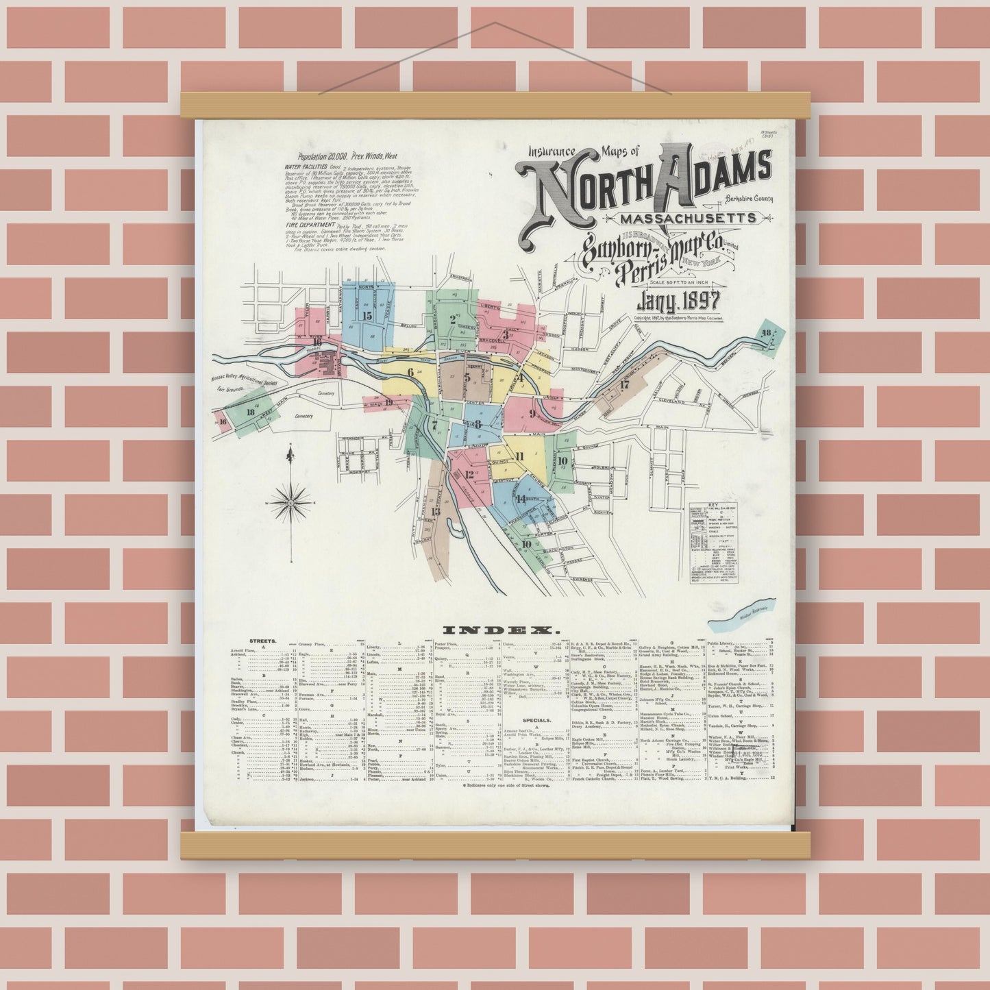 Old map wall art mockup — magnetic wood frame on brick wall — Sanborn Fire Insurance Map from North Adams, Berkshire County, Massachusetts (1897) - Complete Map Set
