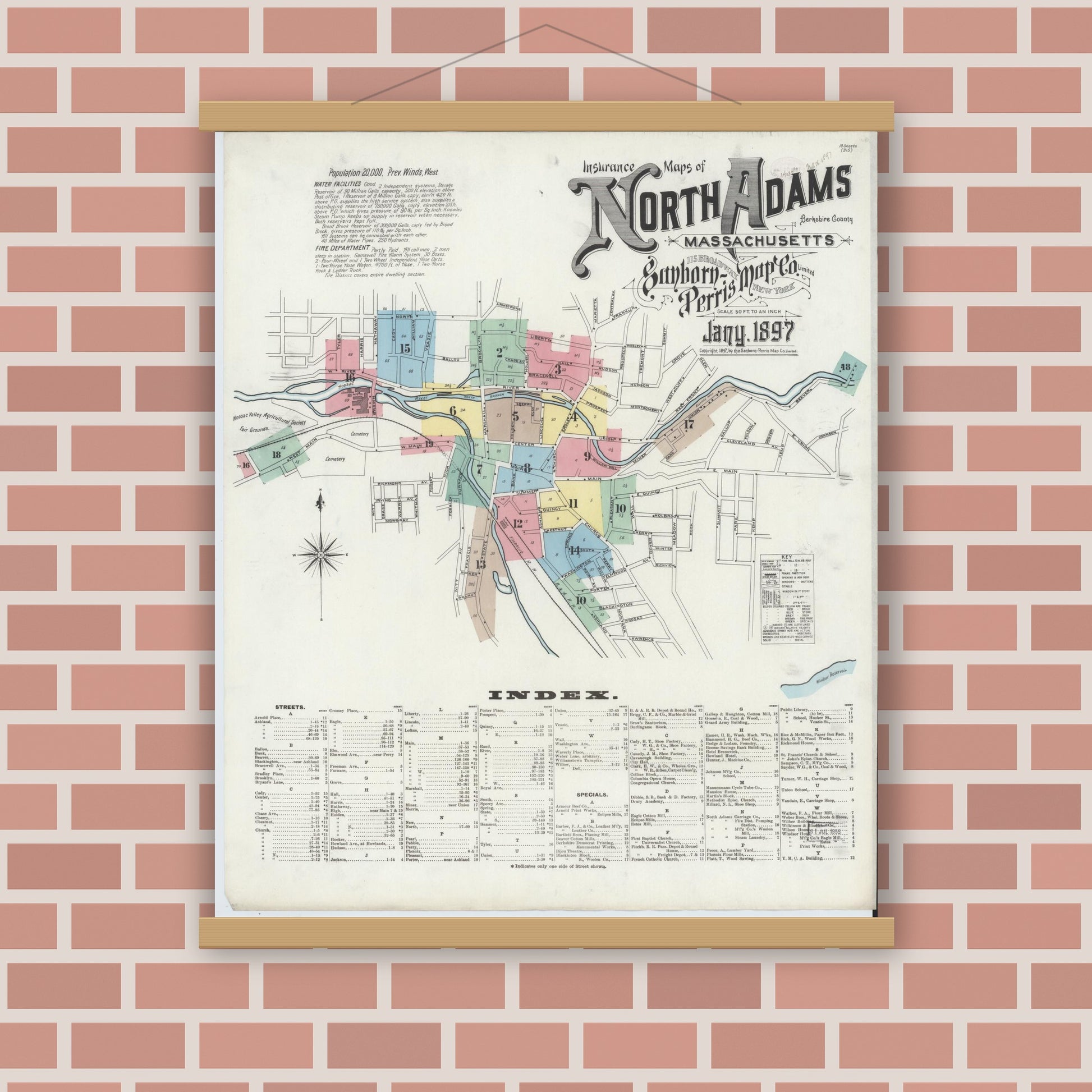 Old map wall art mockup — magnetic wood frame on brick wall — Sanborn Fire Insurance Map from North Adams, Berkshire County, Massachusetts (1897) - Complete Map Set