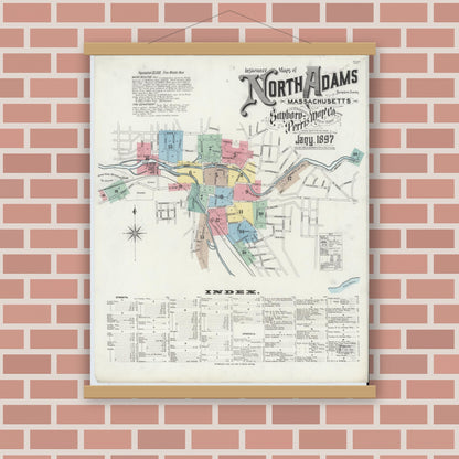 Old map wall art mockup — magnetic wood frame on brick wall — Sanborn Fire Insurance Map from North Adams, Berkshire County, Massachusetts (1897) - Complete Map Set