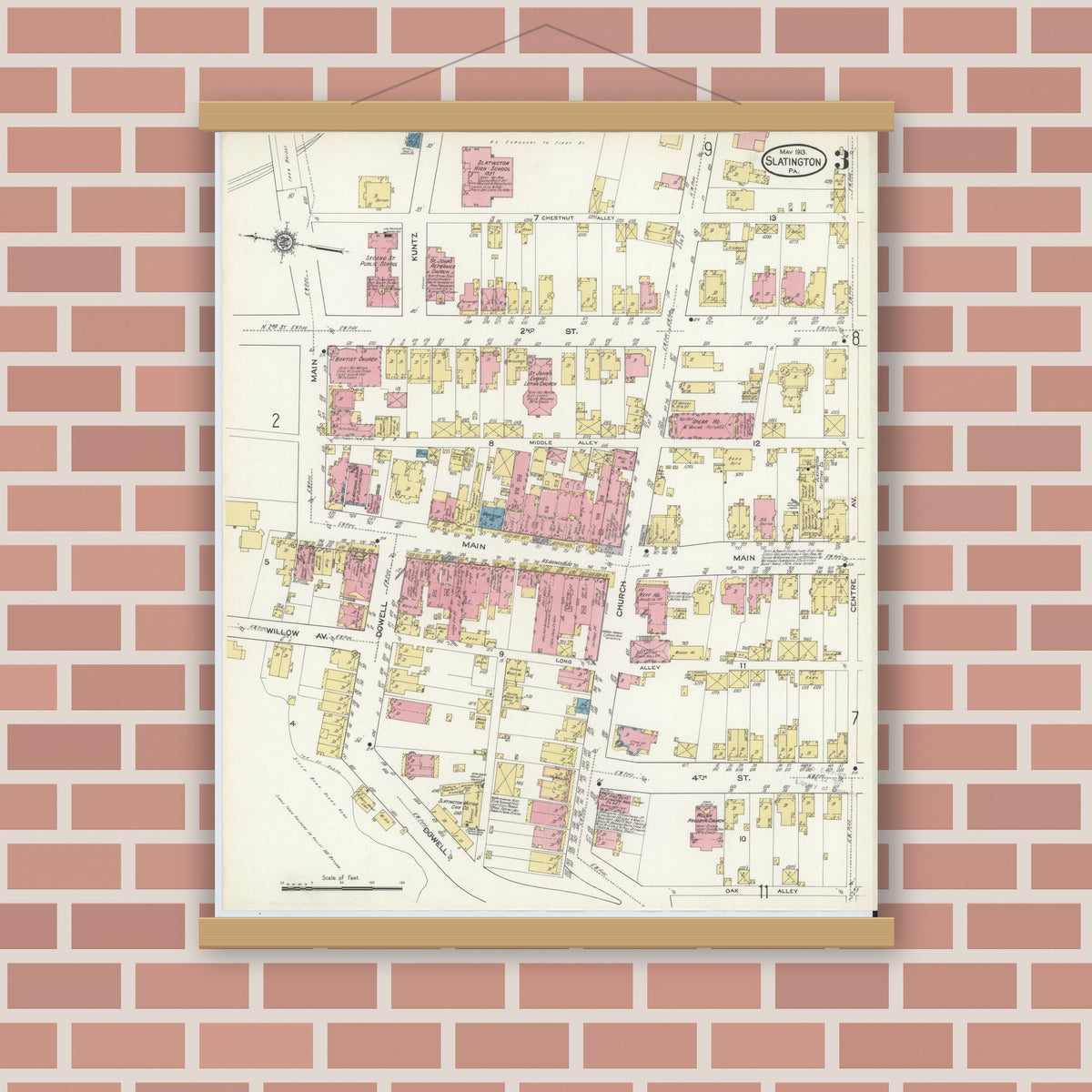 Old map wall art mockup — magnetic wood frame on brick wall — Sanborn Fire Insurance Map from Slatington, Lehigh County, Pennsylvania (1913), Sheet #0003
