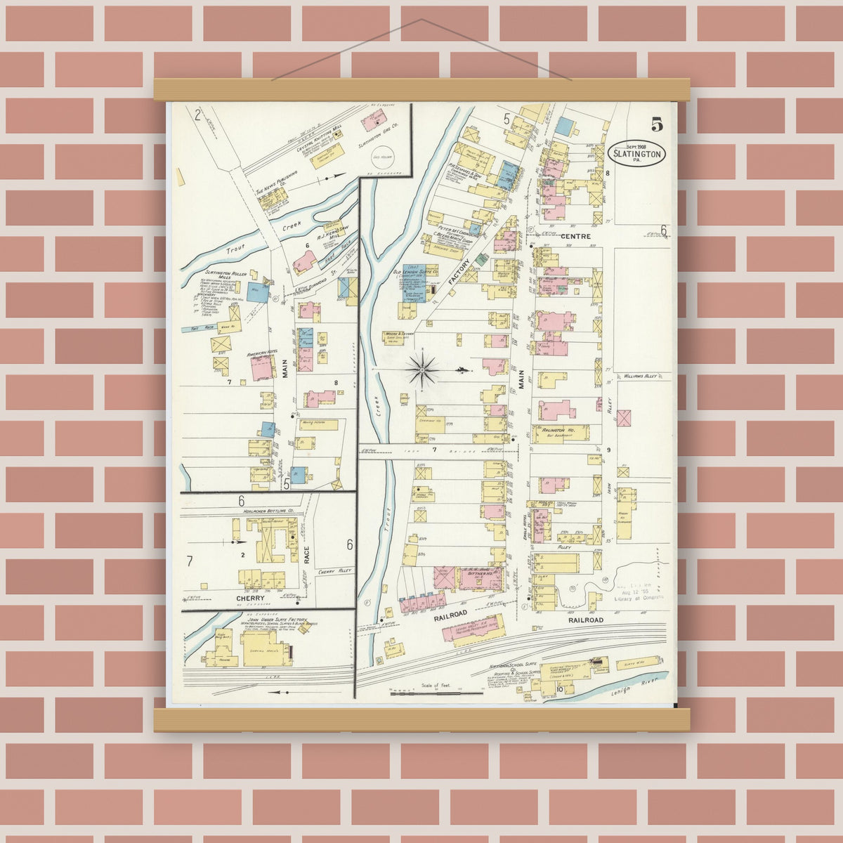Old map wall art mockup — magnetic wood frame on brick wall — Sanborn Fire Insurance Map from Slatington, Lehigh County, Pennsylvania (1908), Sheet #0005