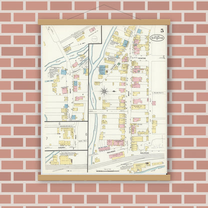 Old map wall art mockup — magnetic wood frame on brick wall — Sanborn Fire Insurance Map from Slatington, Lehigh County, Pennsylvania (1908), Sheet #0005