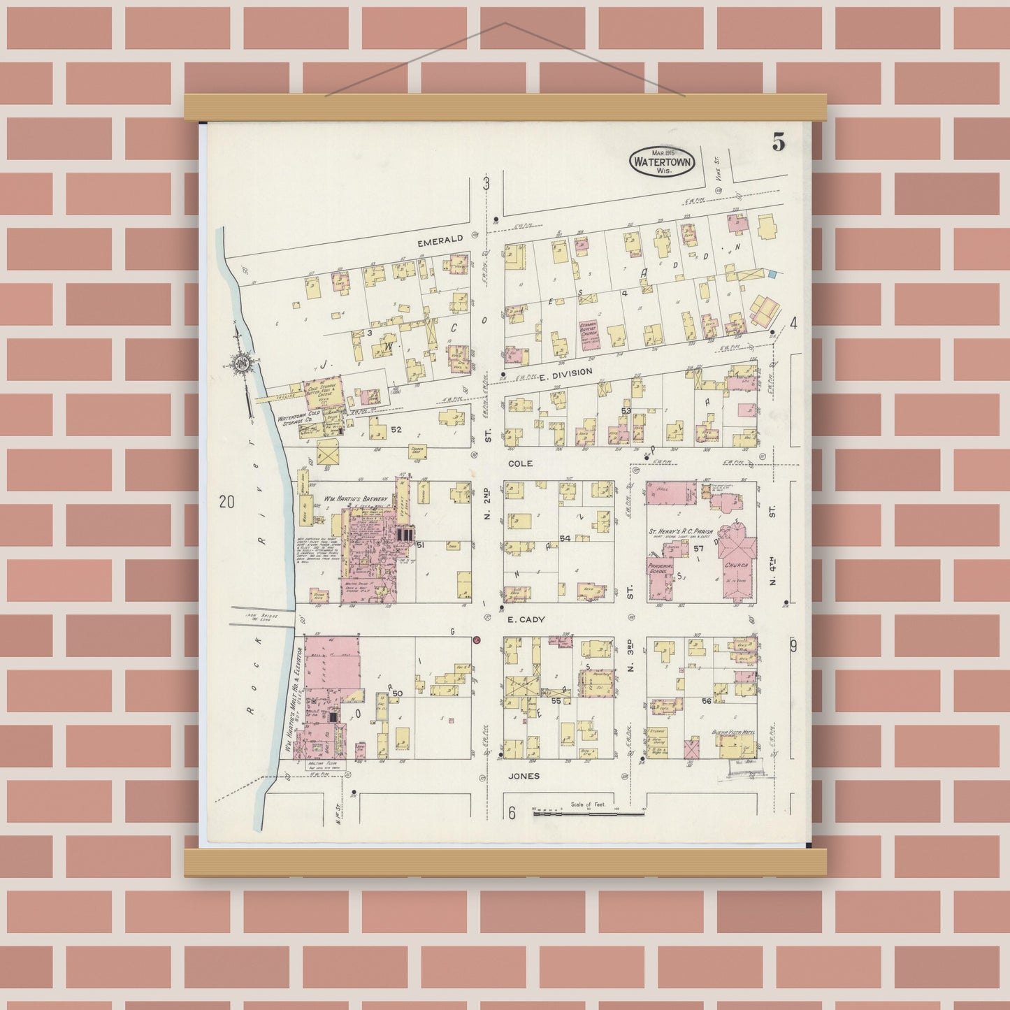 Old map wall art mockup — magnetic wood frame on brick wall — Sanborn Fire Insurance Map from Watertown, Jefferson County, Wisconsin (1915), Sheet #0006